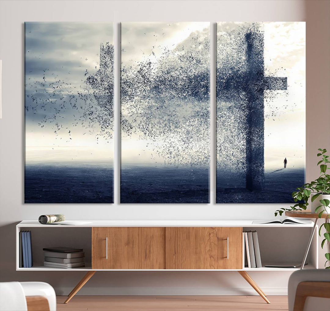 The "Jesus and the Fading Cross – Symbol of Faith" framed canvas print beautifully depicts a cross formed by birds against a moody sky above an ocean. This piece of Christian wall art infuses spirituality into the minimalist space.