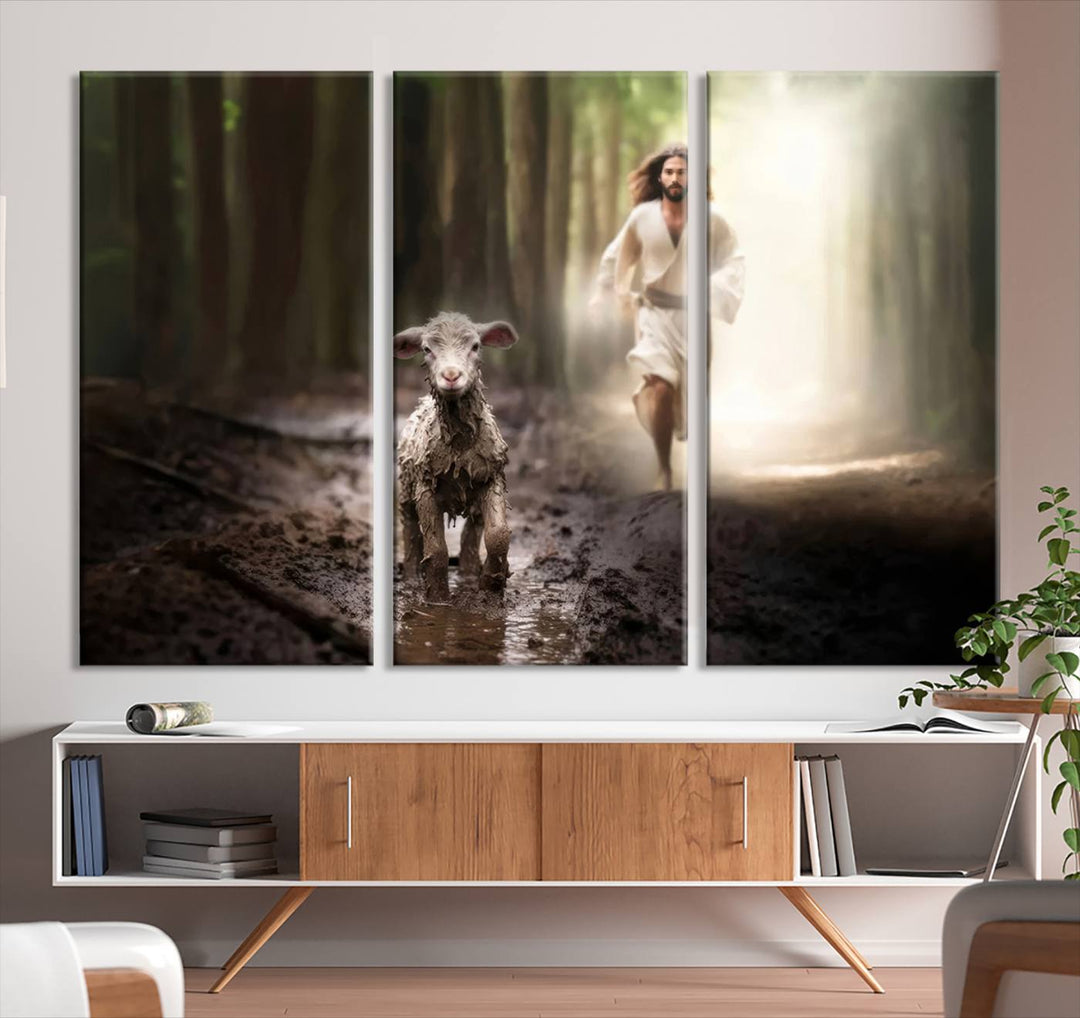 Discover the "Jesus Canvas Wall Art: Jesus Running After Lost Lamb," an exquisite triptych canvas piece that beautifully depicts Jesus in pursuit of a lost lamb within a forest setting. This artwork features a gallery-quality finish and is handmade in the USA, adding both charm and craftsmanship to your space. Perfect for Christian home decor enthusiasts.