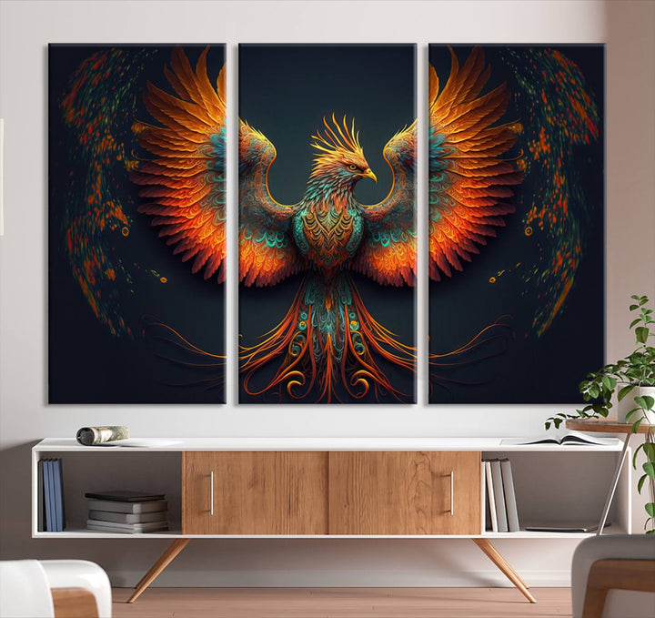 The Majestic Phoenix Wall Art Canvas Set, a fiery symbol of rebirth and strength, graces the wall.