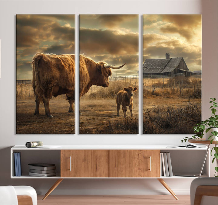 The living room features the "Highland Cow Canvas Wall Art Animal Print Pictures Fluffy Cattle Art," which captures a cow and calf in a rural sunset scene, adding gallery-quality charm.