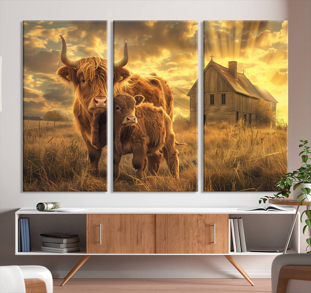 The room features the Barn and Highland Cow Canvas Wall Art Animal Print, a three-panel canvas depicting cows in a sunset field with a rustic barn backdrop. This handmade piece brings charm and character with its gallery-quality finish.