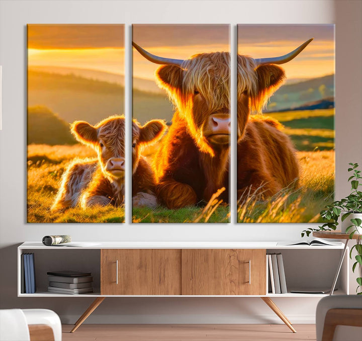 The living room showcases a gallery-quality finish with the Scottish Cow and Baby Cow Canvas Wall Art, featuring a charming animal print of fluffy cattle as the centerpiece. This stunning piece is displayed on premium canvas, creating an inviting atmosphere.