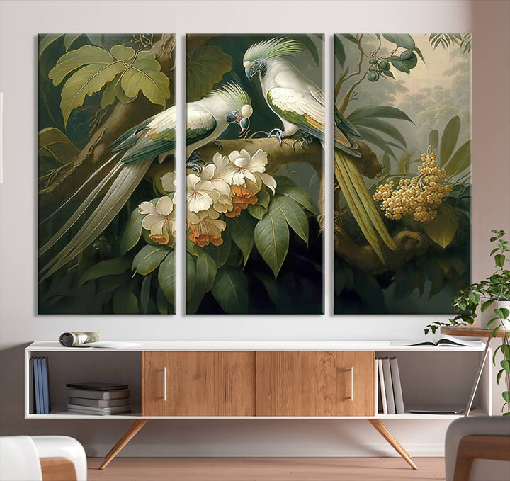 Crafted in the USA, this Tropical Paradise Print wall art features a stunning parrot amidst a lush forest and beautiful flowers.