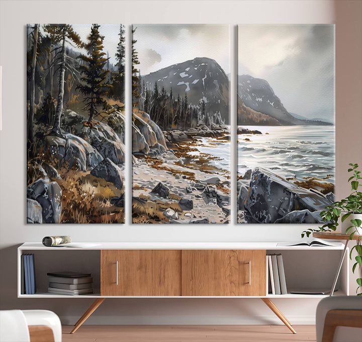 The stunning Serene Coastal View of Acadia National Park is a 3-panel wall art canvas print that beautifully captures a tranquil mountain and lake scene.