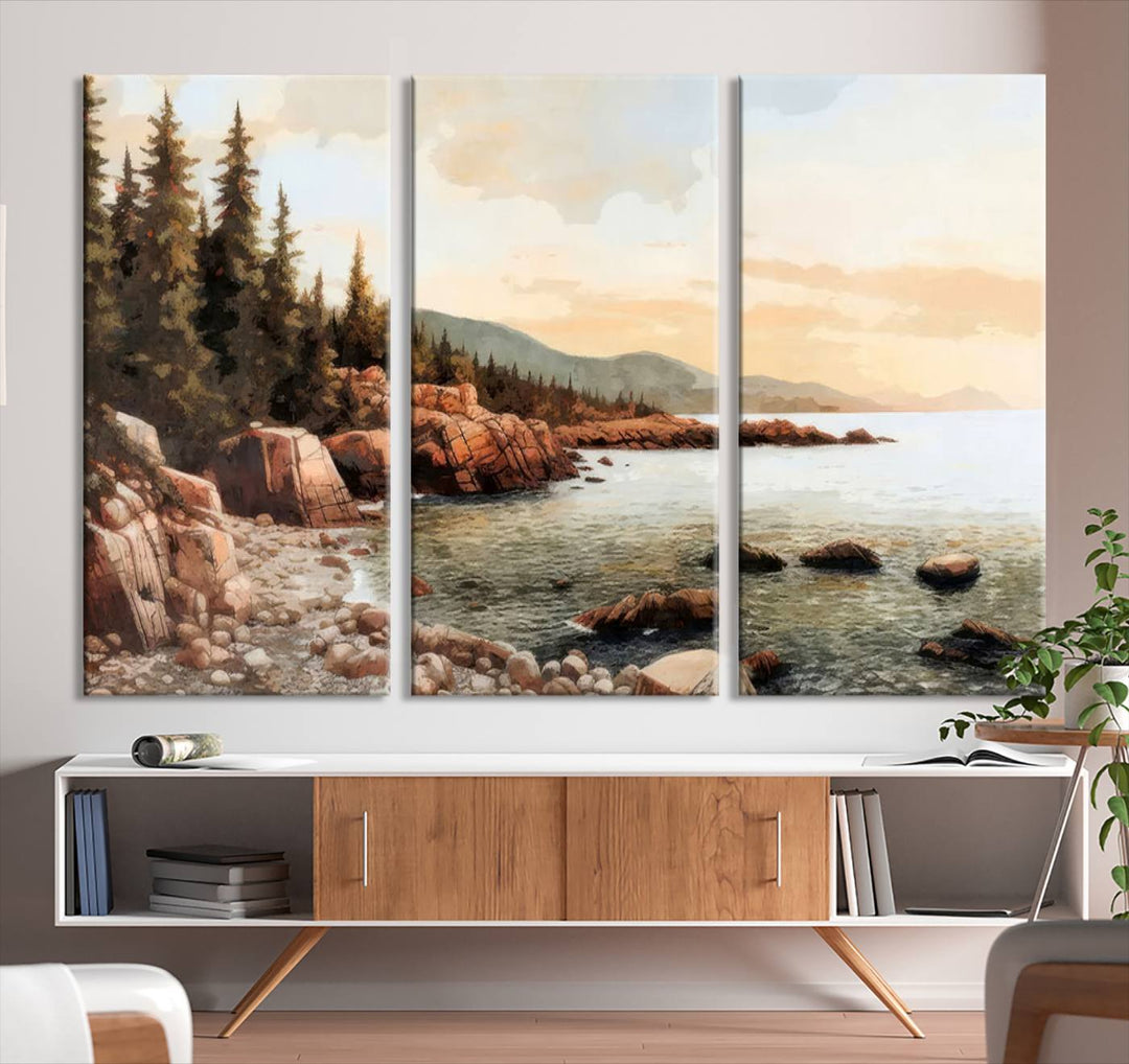 Serene Coastal View of Acadia National Park - Stunning 3-Panel Wall Art Canvas Print, Framed, Ready to Hang