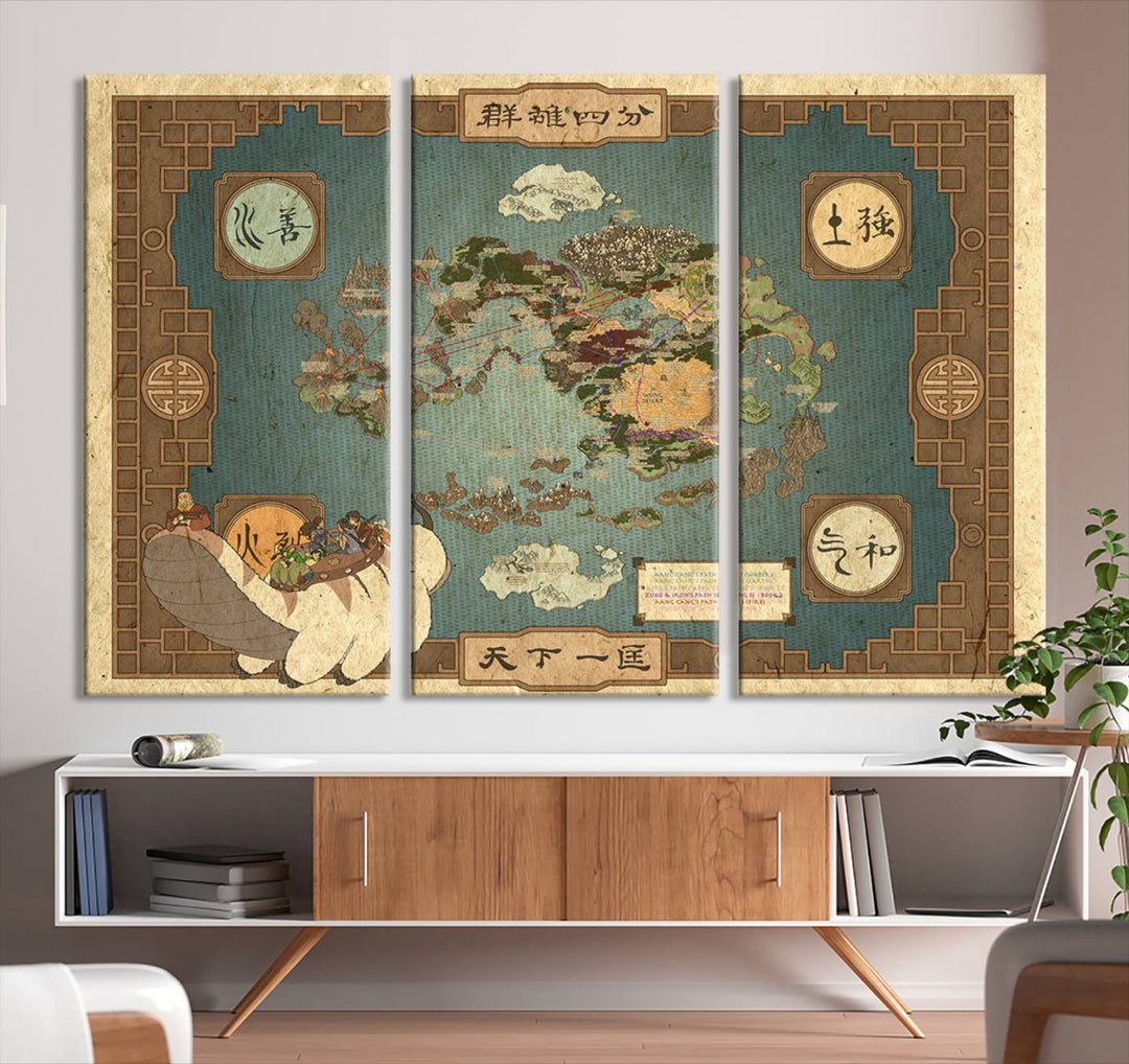 Hanging above is the Avatar: The Last Airbender Vintage Map - Wall Art Canvas Print, framed and ready to hang, showcasing an enchanting glimpse into the iconic four nations design.