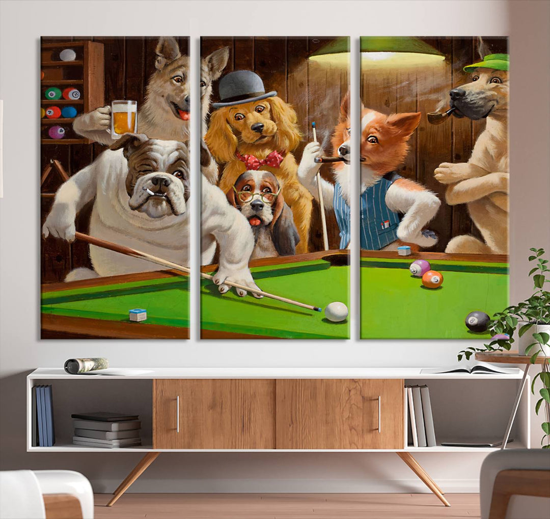 The "Dogs Playing Pool Canvas Wall Art" features a whimsical scene of dogs dressed as humans playing pool in a bar, presented as a three-panel display with a gallery-quality finish.