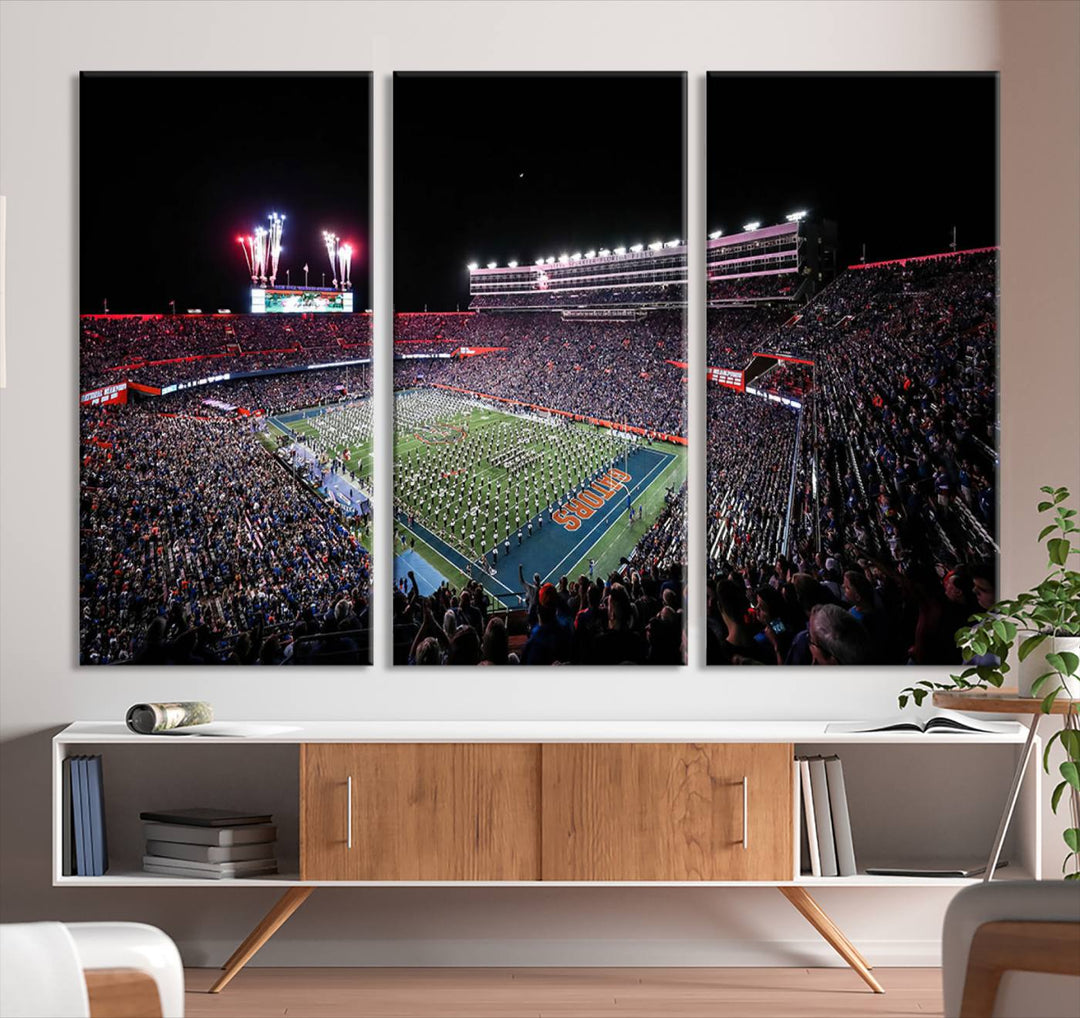 Ben Hill Griffin Stadium Night Game Triple Canvas Wall Art - Florida Gators Football Match