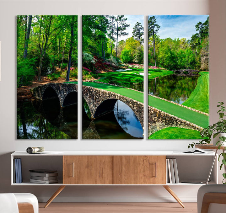 Augusta National Golf Club Wall Art - Panoramic Bridge & Lush Greenery – Premium Framed, Ready-to-Hang Triptych Canvas