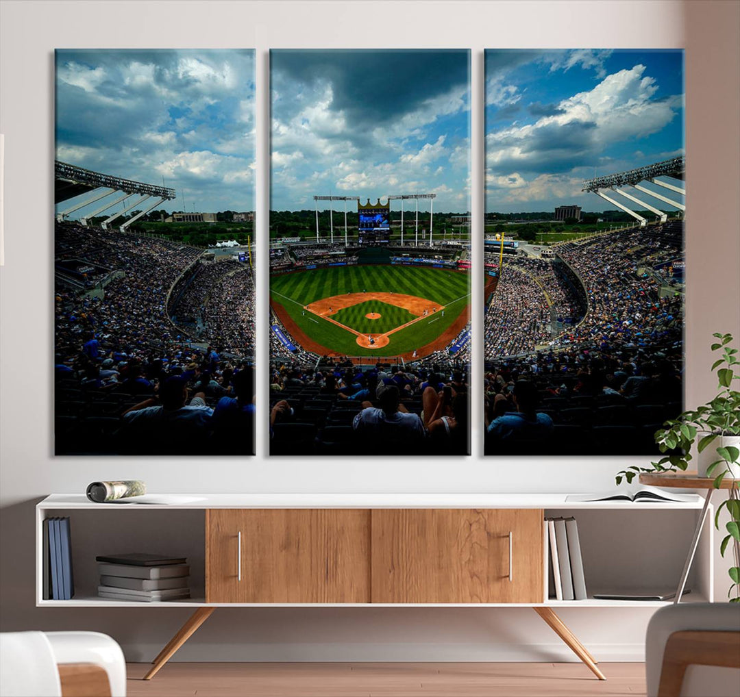 Kauffman Stadium Day Game Triple Canvas Wall Art - Kansas City Royals MLB Match