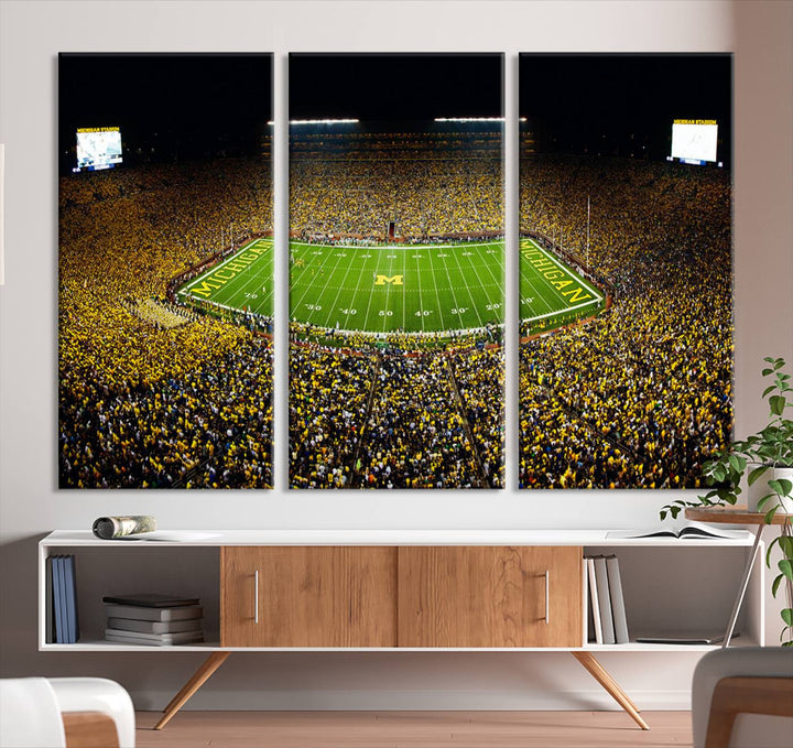 Michigan Wolverines Football Team Print - Michigan Stadium Night Game Triple Canvas Wall Art - University of Michigan Football Match