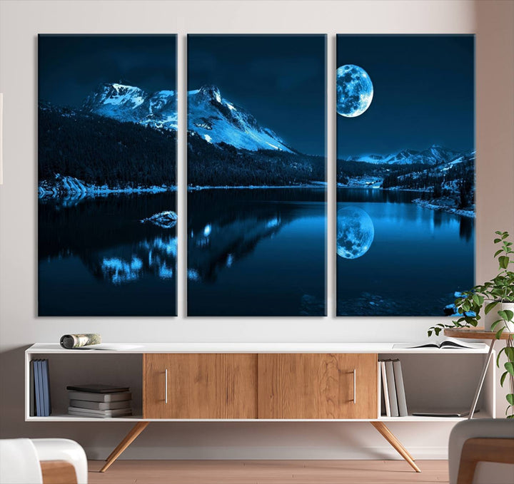 Blue Moon Mountain Lake Landscape Framed Wall Art Canvas Print