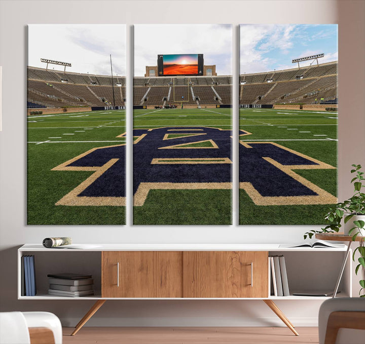 Notre Dame Stadium Giclee Canvas Print | Triptych Wall Art Featuring Iconic Notre Dame Football Field | Ready-to-Hang Sports Stadium Decor