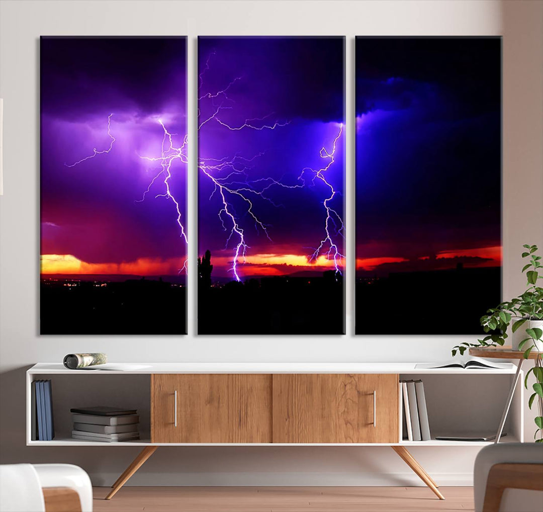 Electrifying Sunset Thunderstorm Canvas Print – Dramatic Lightning and Vibrant Sunset Wall Art