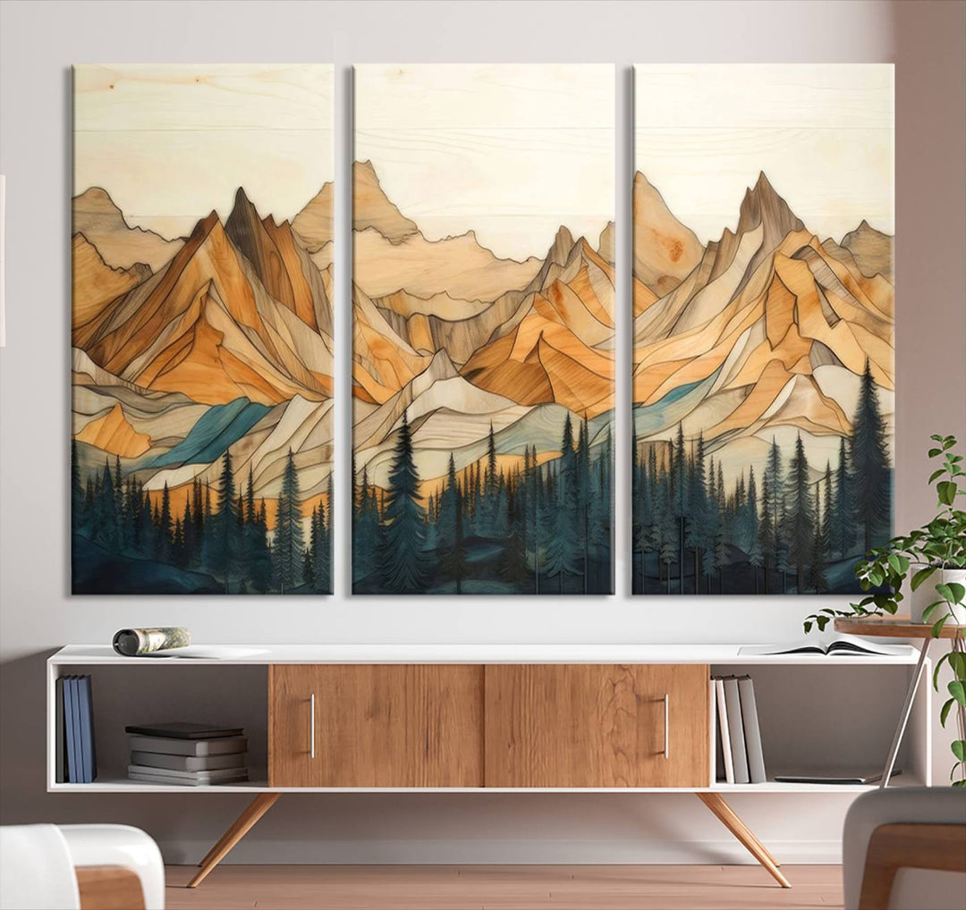 Rustic Wood Style Mountain Wall Art Print | Triptych Giclee Print Featuring Handcrafted Forest and Mountain Range Design | Framed Ready-to-Hang Print