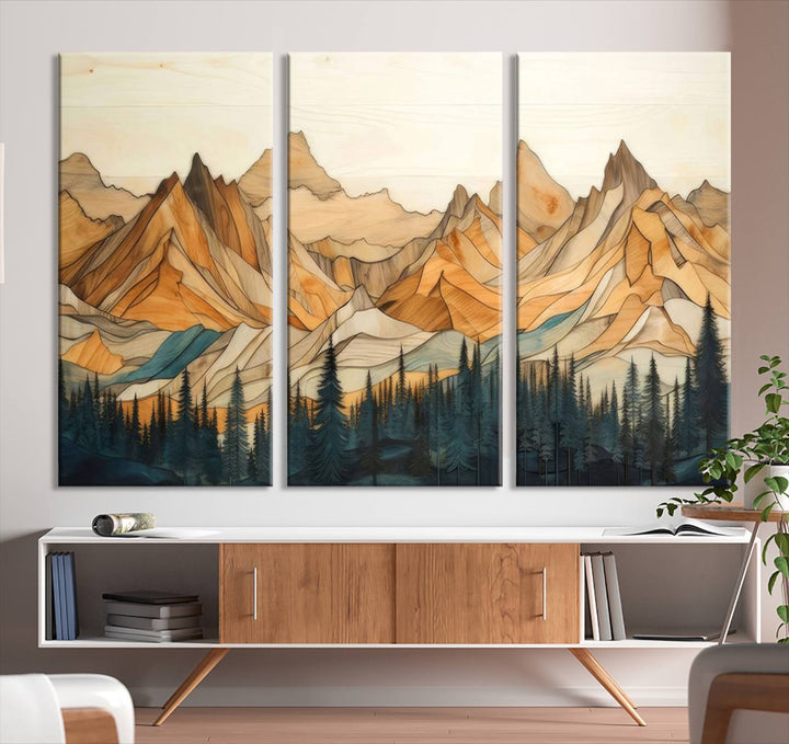 Rustic Wood Style Mountain Wall Art Print | Triptych Giclee Print Featuring Handcrafted Forest and Mountain Range Design | Framed Ready-to-Hang Print