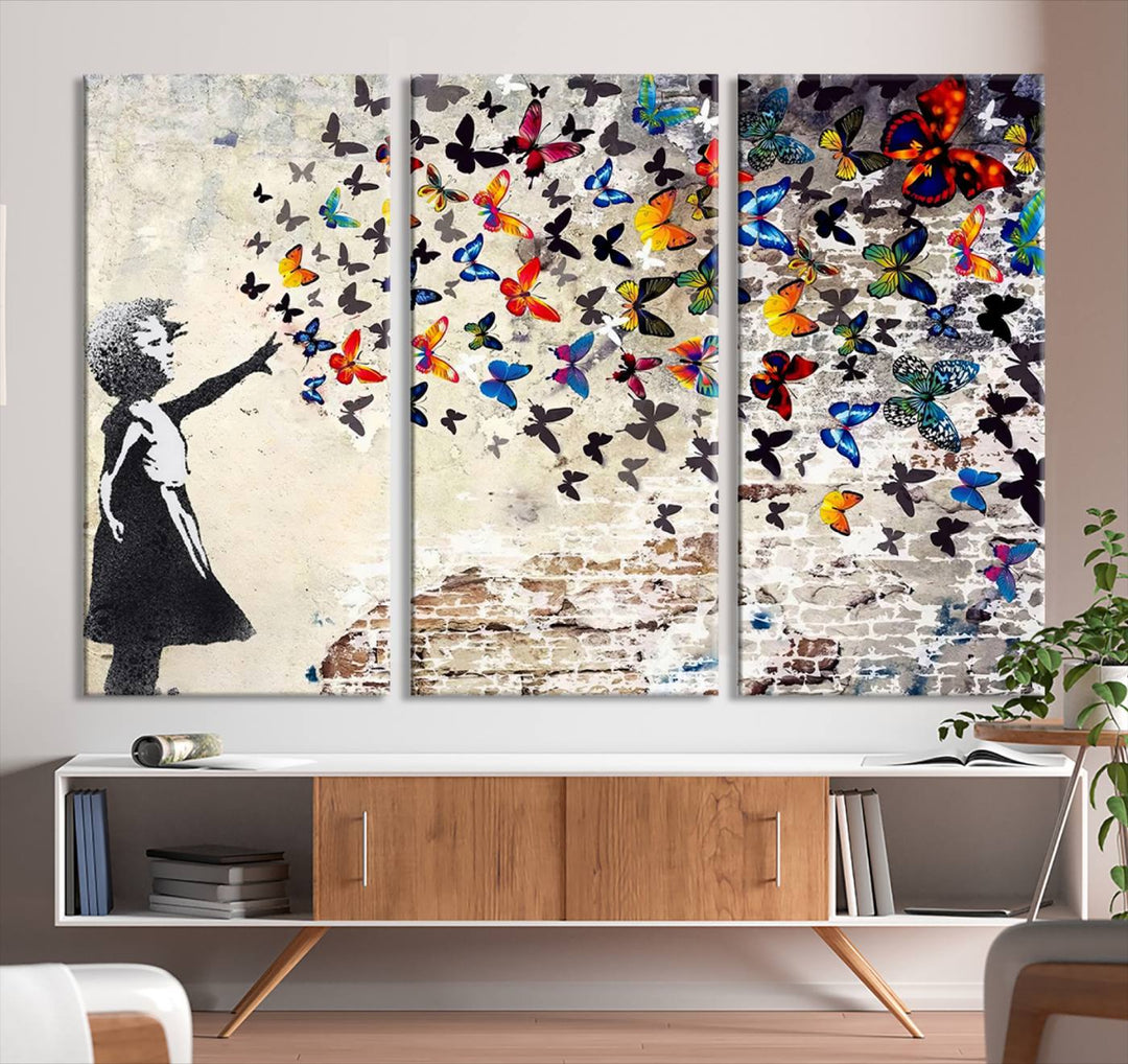 Banksy Style Girl with Butterflies Wall Art - Beautiful Framed Ready-to-Hang Triptych Canvas - Vibrant Butterfly Street Art for Modern Decor