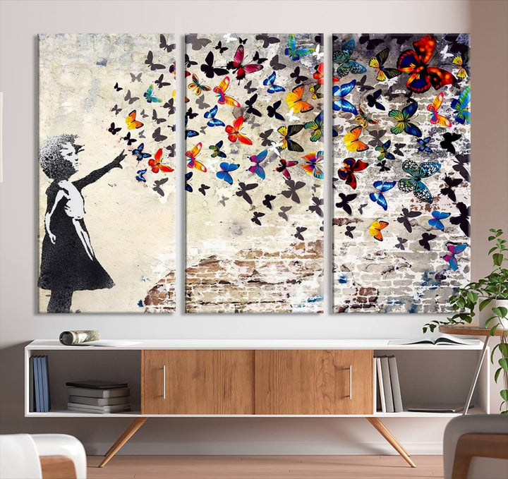 Banksy-Style Graffiti Wall Art Canvas Print: Girl Releasing Vibrant Butterflies – Ready to Hang