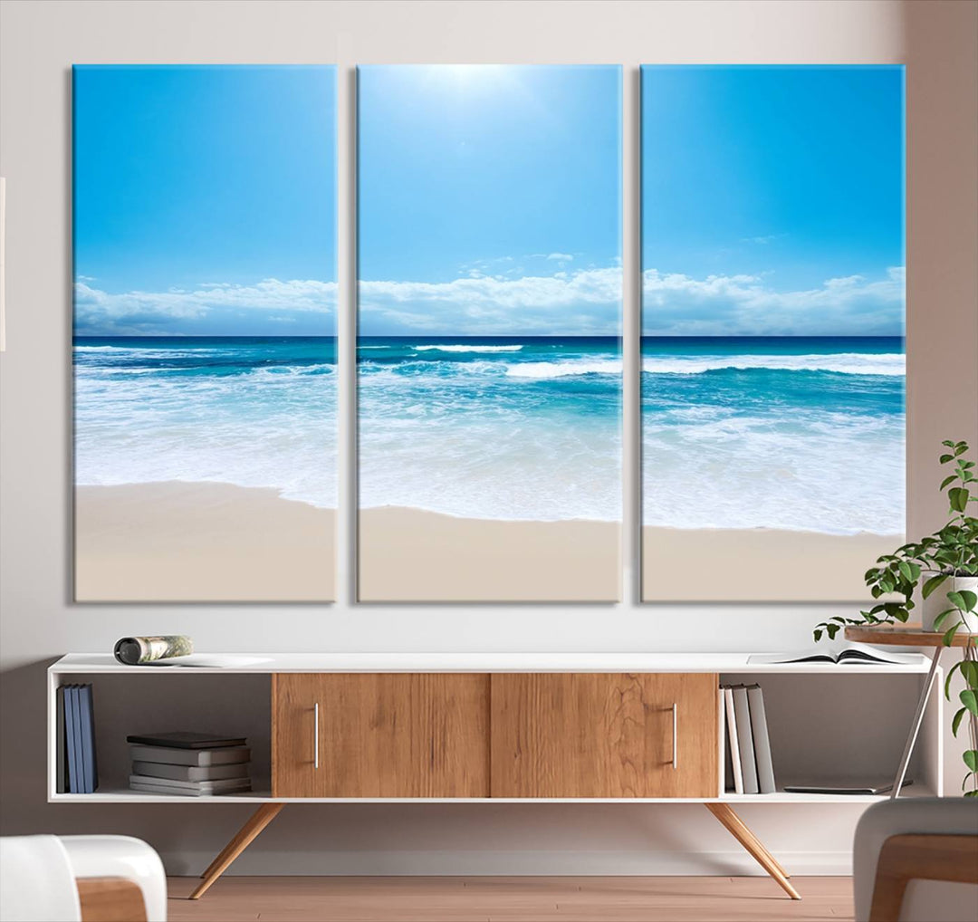 Lienzo decorativo para pared grande con estampado de mar y playa azul brillante