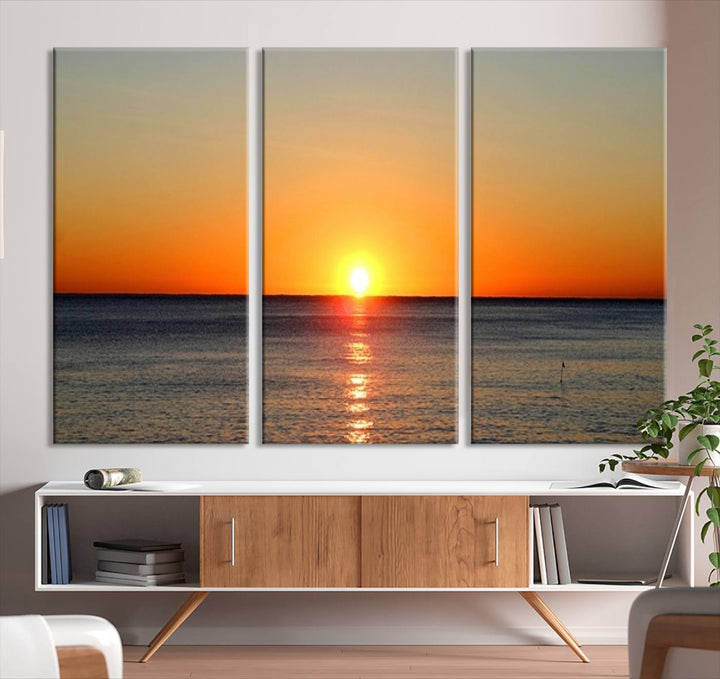 Golden Horizon Sunset Over Ocean Wall Art Canvas Print – Tropical Beach Canvas Wall Art – Giclee Print for Coastal Theme Decor Print