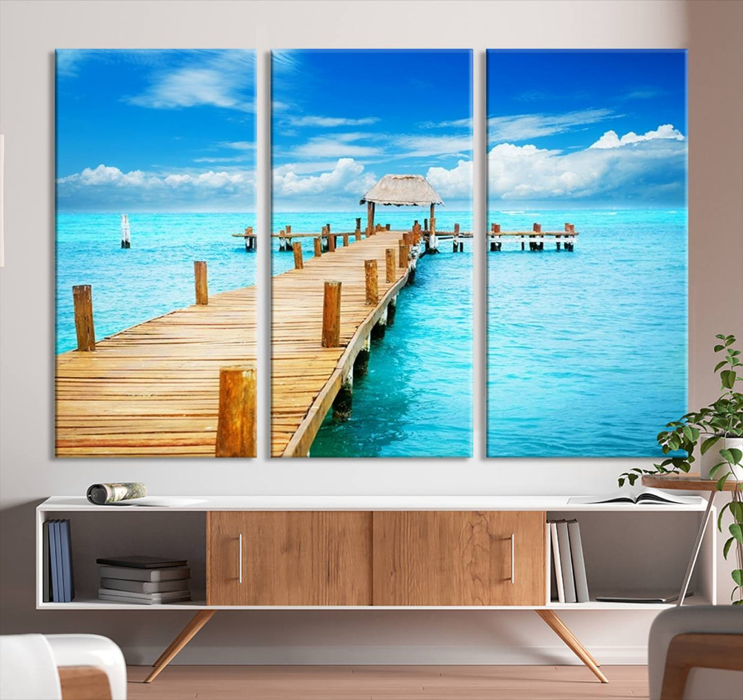 Tropical Pier Triptych Wall Art, Stunning Turquoise Ocean and Wooden Dock Canvas Print, Coastal Beach House Decor, Ocean View Canvas Art