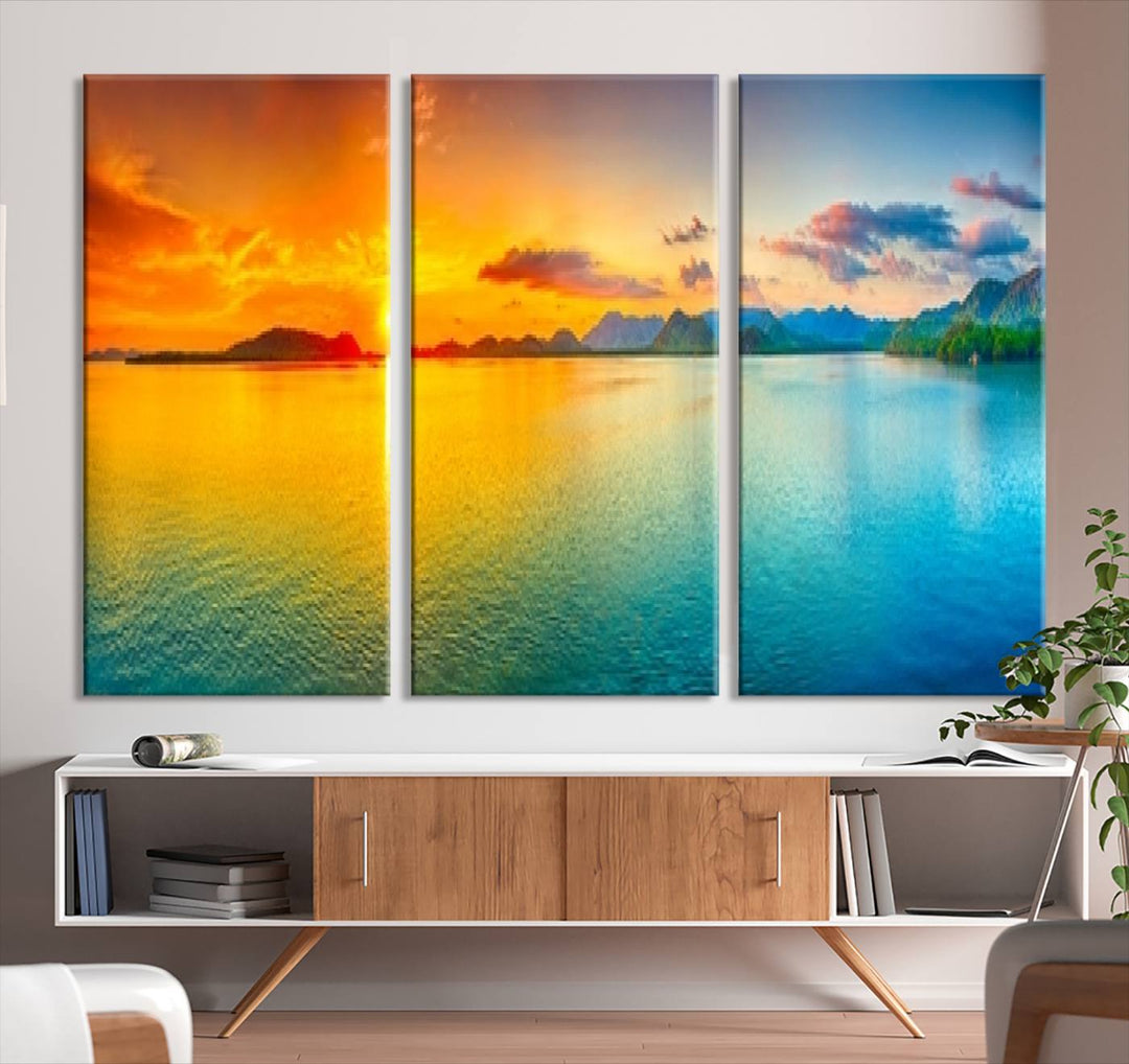 Impresión en lienzo de arte de pared grande, puesta de sol colorida, mar y montaña para decoración de sala de estar