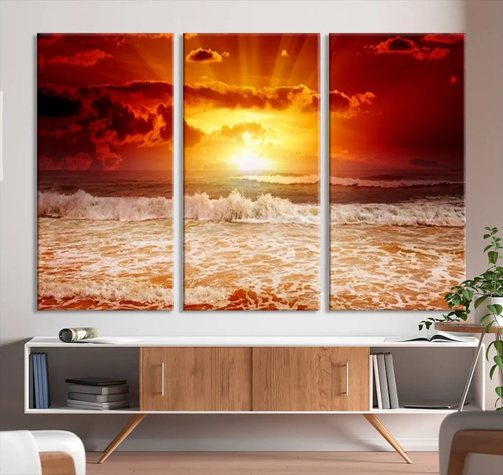 In a modern living room, the vibrant "Wall Art Canvas Perfect Sunset Turns Colour of Sea and Sky to Red," printed on museum-quality canvas, stands out. A floor lamp casts warm light over the ready-to-hang artwork, which includes a UV-protective coating to ensure lasting brilliance.