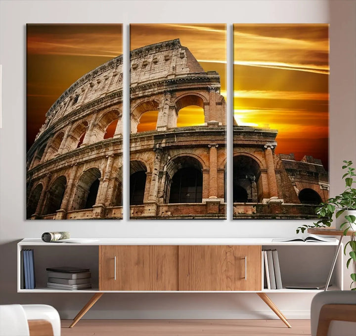 A three-panel canvas titled "Colosseum with Yellow Sunset Behind, Italy," protected with a UV-coating, is elegantly displayed.