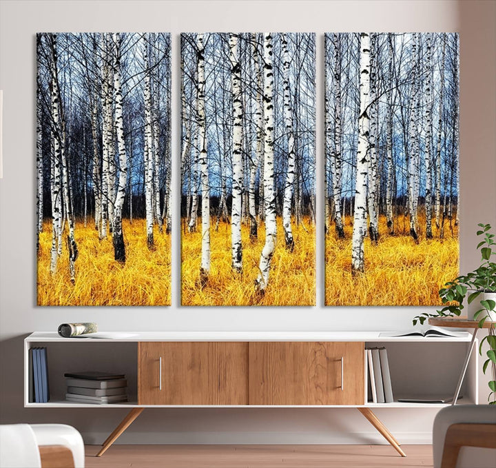 Impression d’art mural de bouleaux, art mural paysage, impression sur toile, arbres sans feuilles sur fond jaune