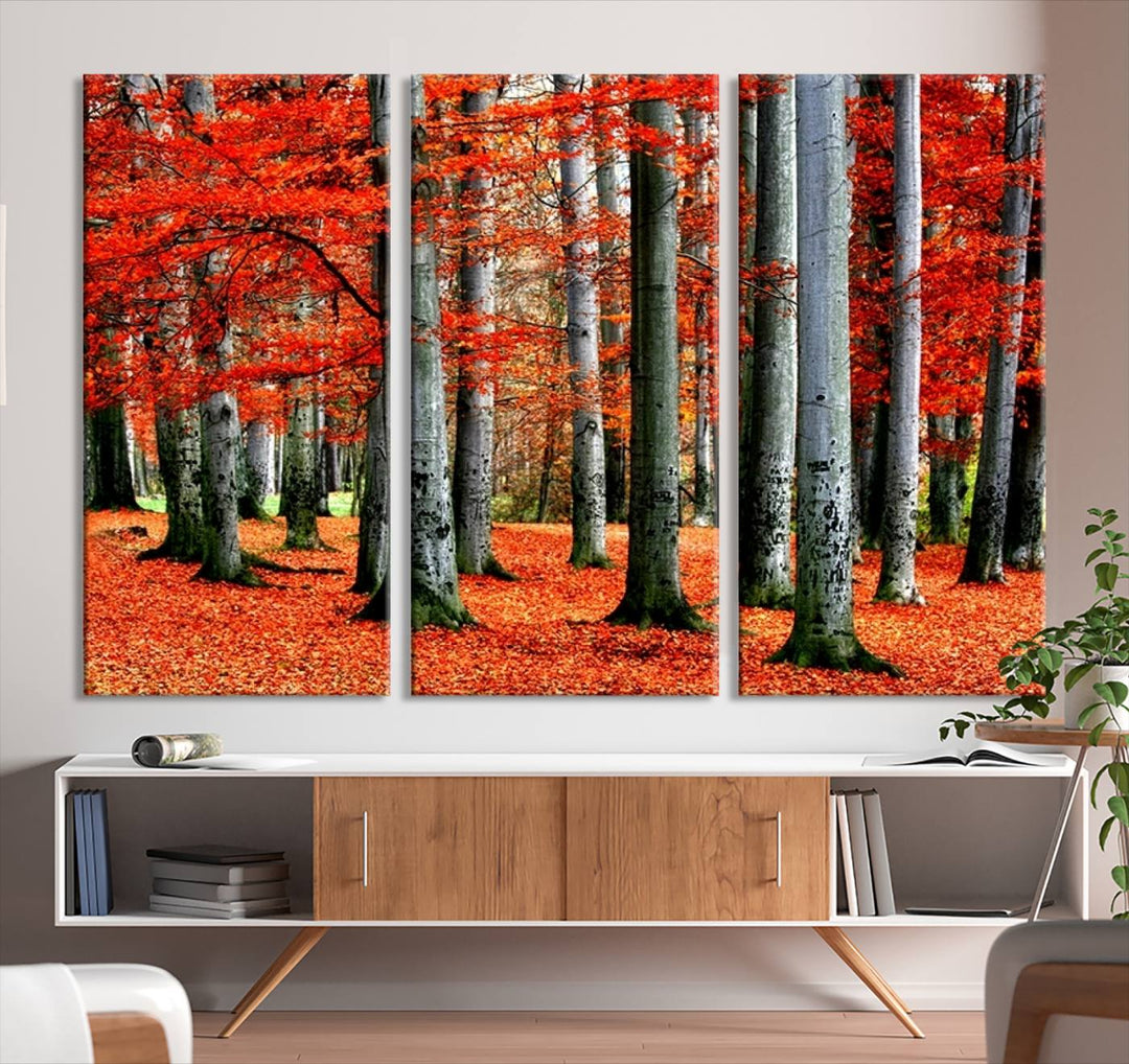 Impression sur toile de paysage d'art mural, feuilles rouges sur des arbres sur fond rouge