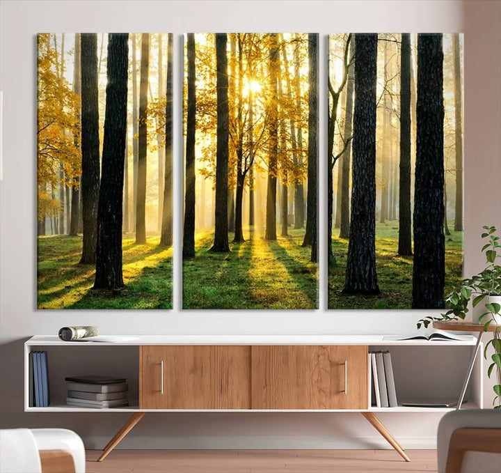 The living room is enhanced by the "Wall Art Landscape Canvas Print Tall Trees in Forest at Sunset" on museum-quality canvas. This triptych, complete with a UV-protective coating, is ready to hang and adds an artistic touch to the space.