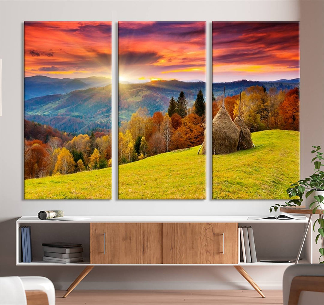 Impression sur toile de paysage d'art mural, tous les tons de vert au coucher du soleil