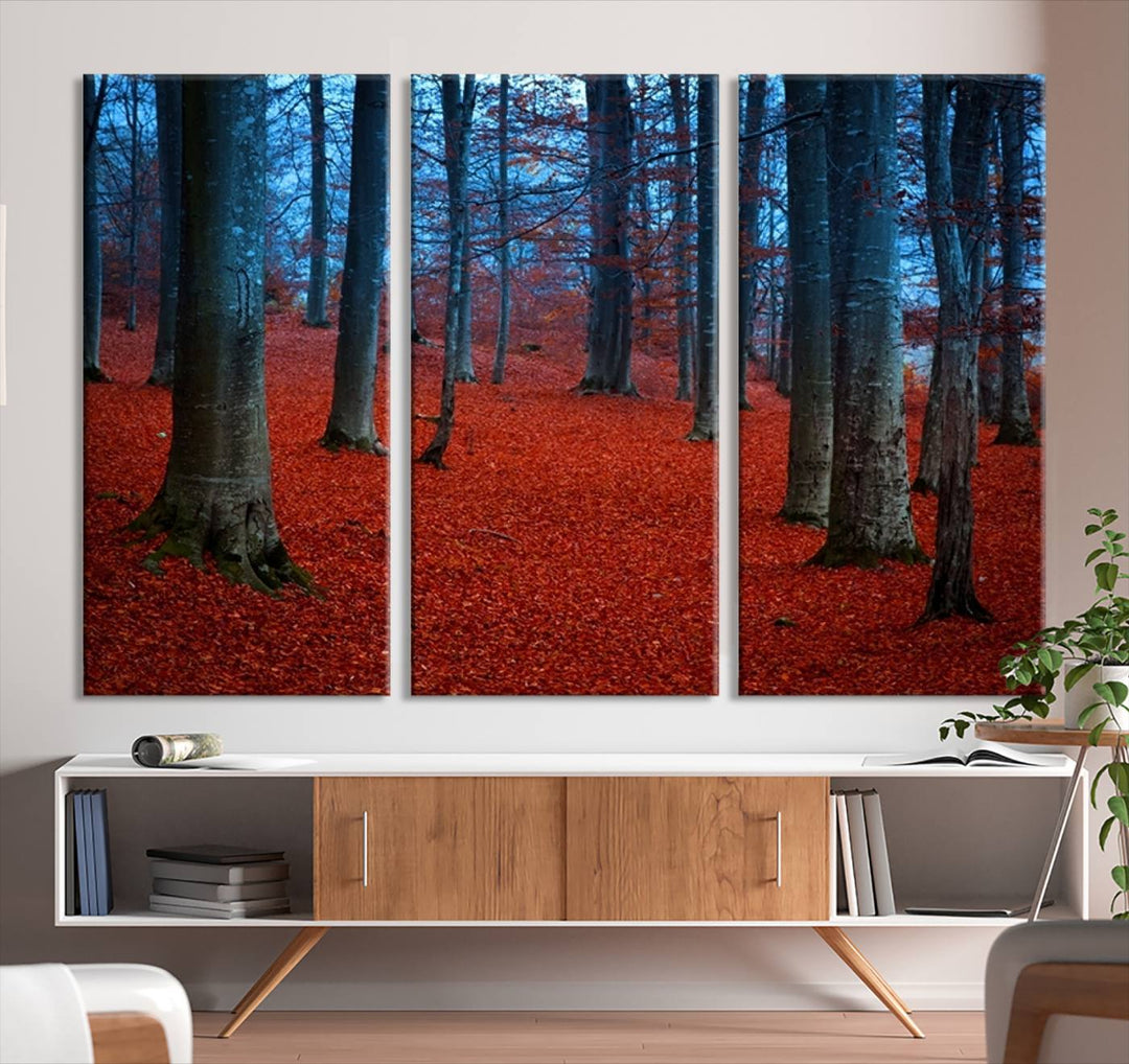 Impression sur toile de paysage d'art mural, feuilles rouges dans la forêt bleue