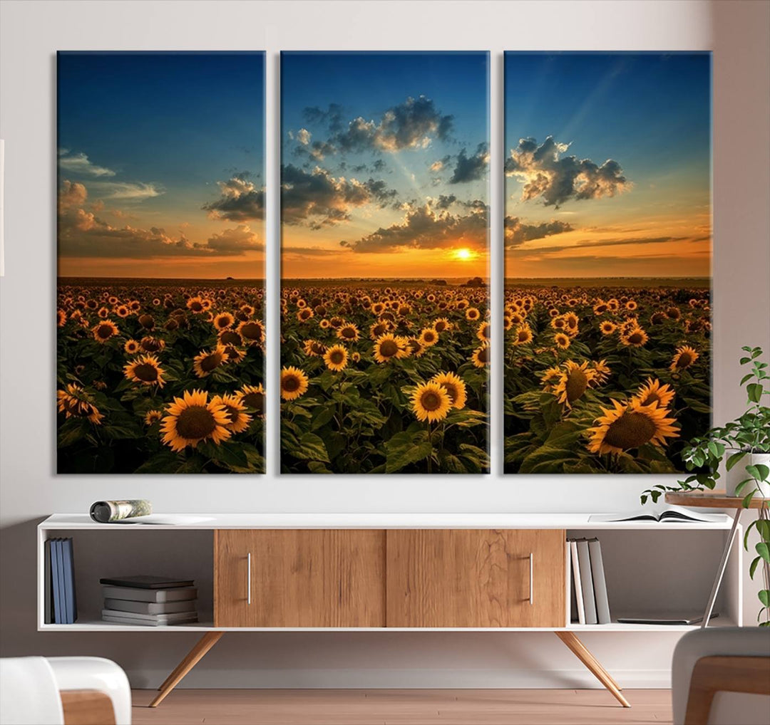 Lienzo impreso en lienzo para pared, diseño de campo de girasol, puesta de sol, para sala de estar, comedor, hogar, oficina, decoración de pared