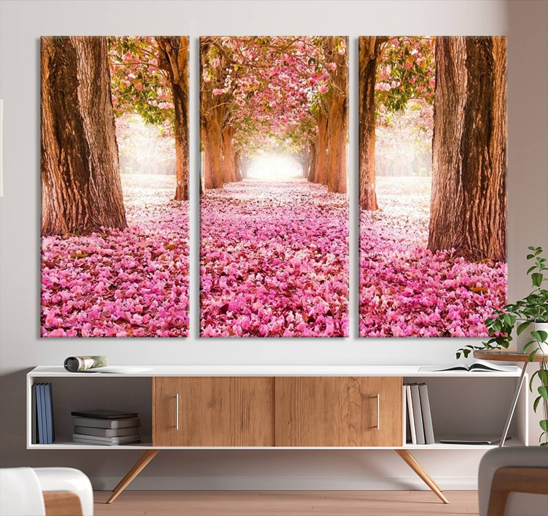 Blossom Cherry Canvas Print Walking on Pink Flowers Between Trees