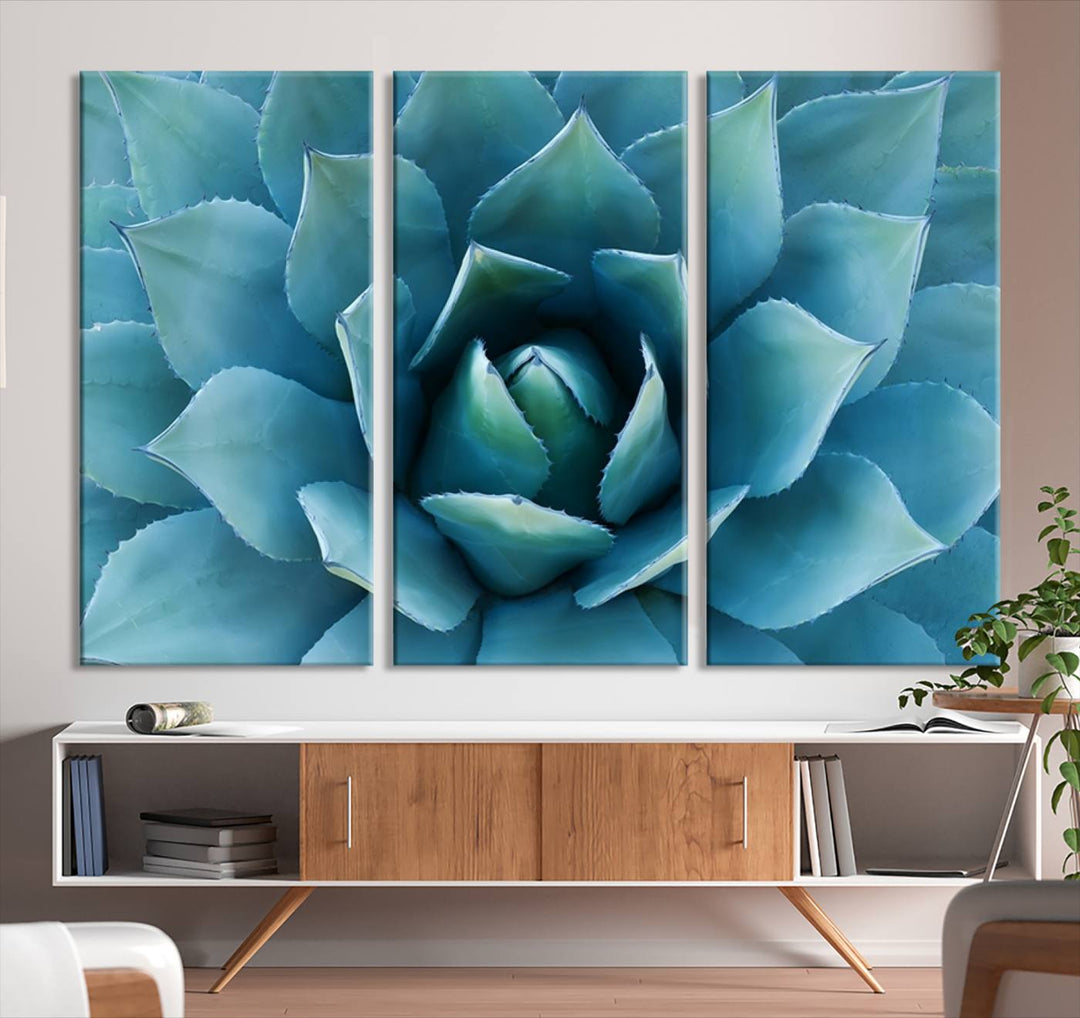 A stunning Large Agave Succulent Canvas Wall Art, a botanical close-up print perfect for modern living rooms, hangs prominently.