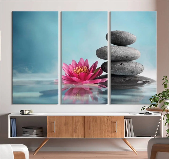 The Zen Serenity Triptych Canvas Art, featuring a lotus flower and balancing stones, perfectly captures tranquility with its serene water lily print.