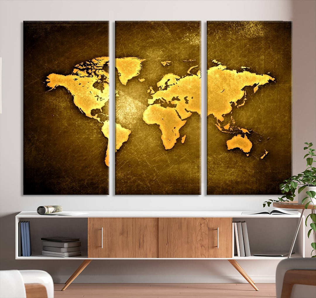 A Yellow World Map on a Metallic Yellow Background adorns the wall, arriving ready to hang and effortlessly infusing an elegant touch into your living space.