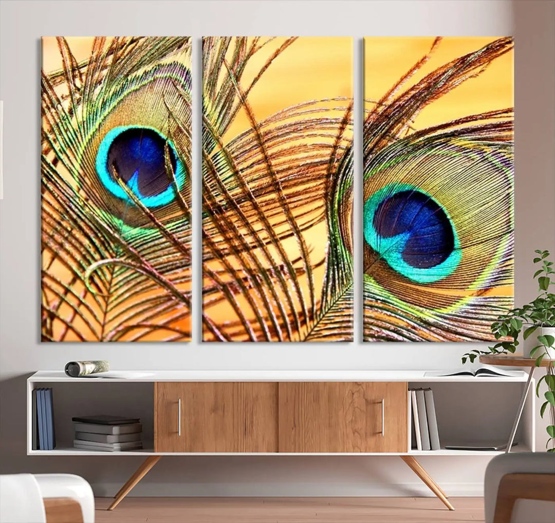 The Peacock Feather Wall Art Print, showcasing a vibrant green, blue, and orange feather design and ready to hang, adorns the space.