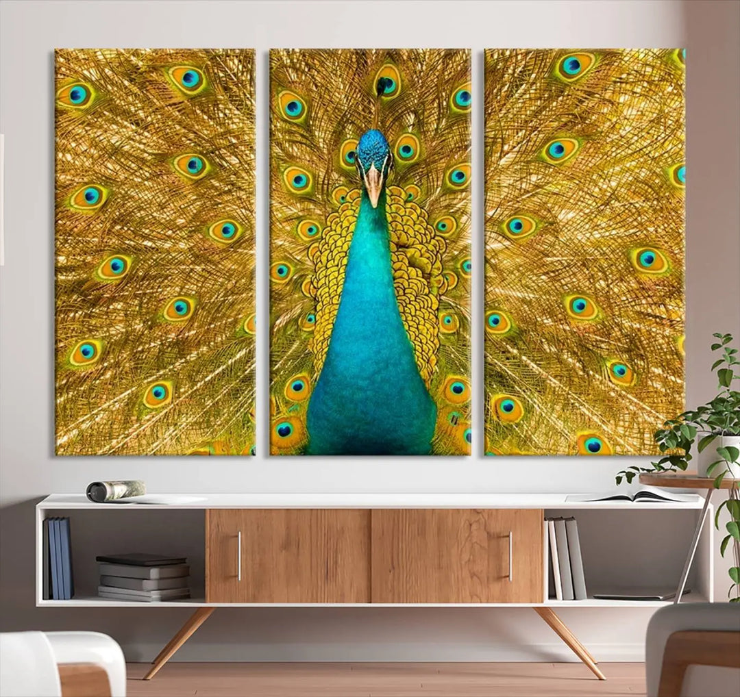 The Peacock Wall Art Canvas Print, featuring a vibrant triptych design of a peacock with intricate feather details and printed on museum-quality canvas with UV-protective coating, brings an artistic flair to the elegant space. Ready to hang, it enhances the modern living room with its striking presence.