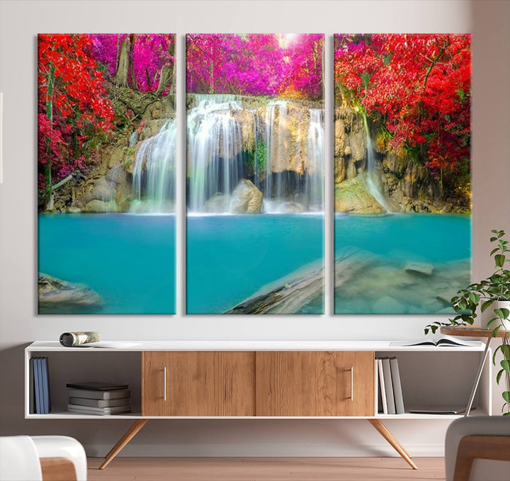 Wall Art Waterfall Landscape with Pink and Red Flowers in Forest Canvas Print