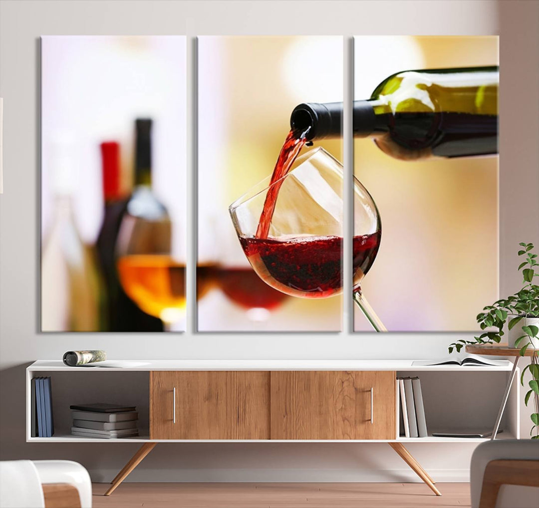 The Filling Red Wine into Glass Red Wine Canvas Print showcases a wine bottle pouring red wine into a glass. This scene, captured on museum-quality canvas, promises timeless elegance and comes with free shipping for effortless delivery to your doorstep.