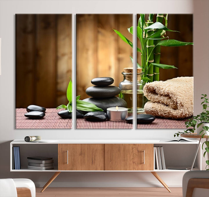 Zen Serenity Triptych Canvas Art, Pink Lotus Flower and Balancing Stones Wall Art, Tranquil Water Lily Canvas Print