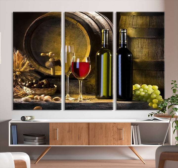 Explore the "Wall Art Red and White Wine with Bottles and Tun Canvas Print," a triptych on gallery-wrapped, museum-quality canvas. Featuring a wine barrel, bottles, and a glass of red wine, it includes a UV-protective coating for lasting vibrancy.