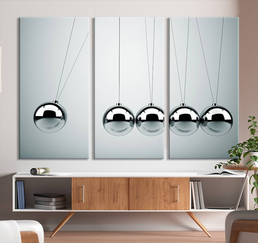 Newton's Cradle Motion Art, Modern Minimalist Metal Sphere Wall Art, Physics-Inspired Kinetic Energy Canvas Print for Office and Home Decor