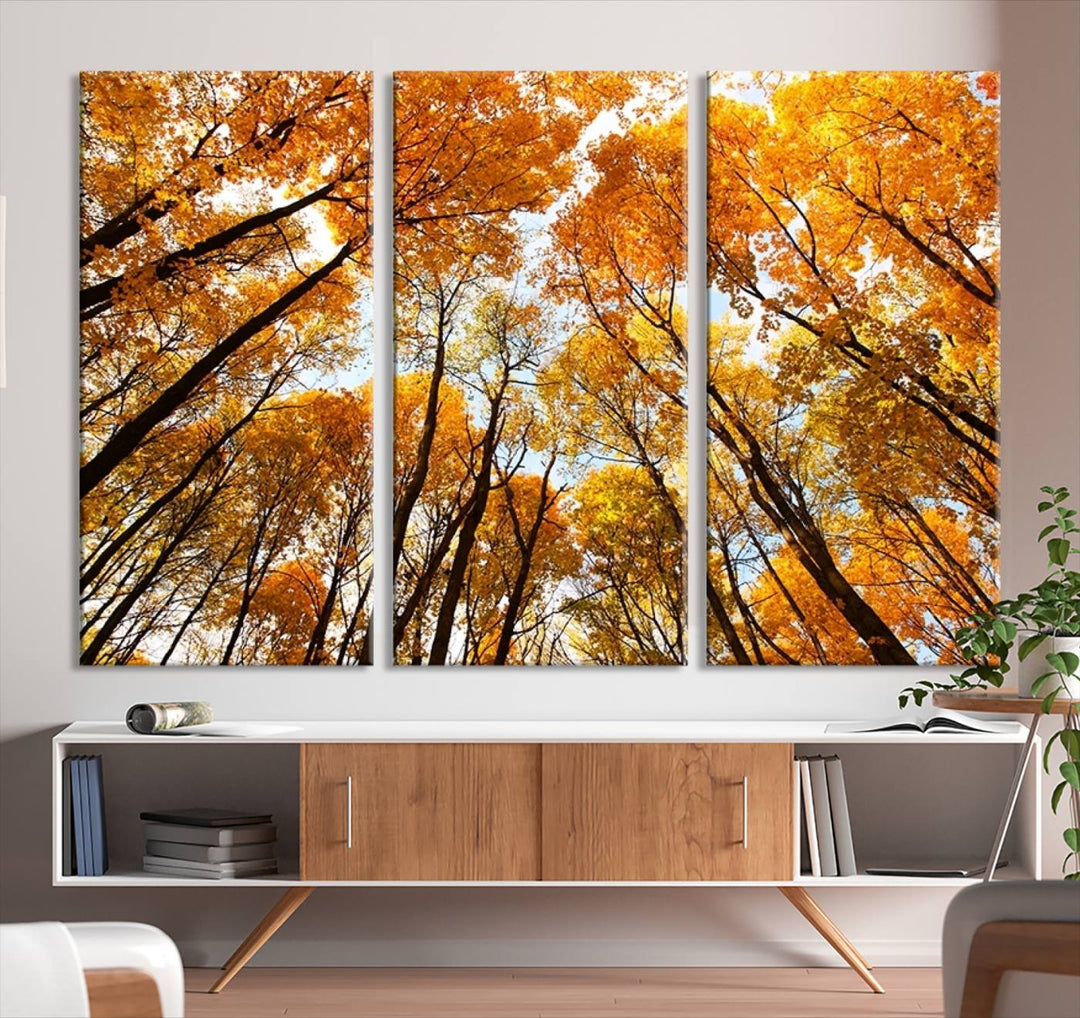 Arte de pared grande Bosque amarillo y cielo en otoño Lienzo