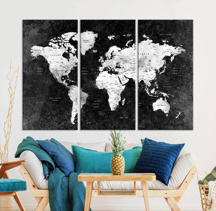 Modern Grayscale World Map 3-Panel Canvas Art | Ready to Hang, Framed | Stylish Minimalist Wall Décor for Home, Office, Living Room, or Study Spaces 