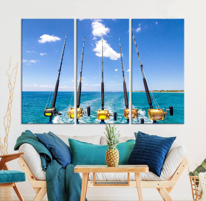 Fishing Roads on Boat Canvas Wall Art Print Ocean Seascape Art Print