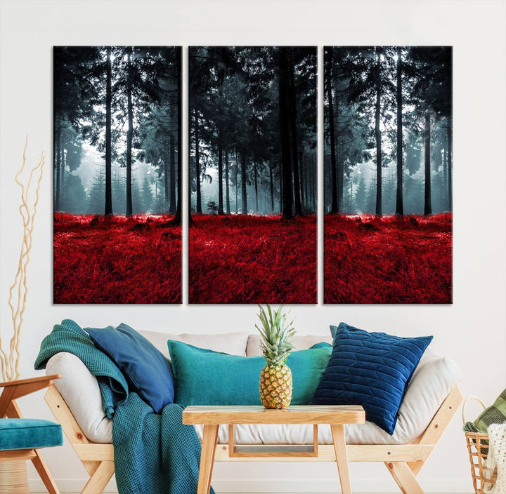 Bosque seductor con hojas rojas Impresión en lienzo Arte de pared grande Arte de lienzo de bosque Arte de paisaje de otoño Impresión de arte enmarcada