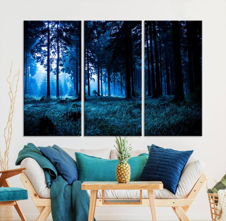 Arte de pared de bosque oscuro místico, lienzo de bosque grande, lienzo de paisaje, arte de pared de múltiples paneles, conjunto de lienzo grande de 3 piezas enmarcado